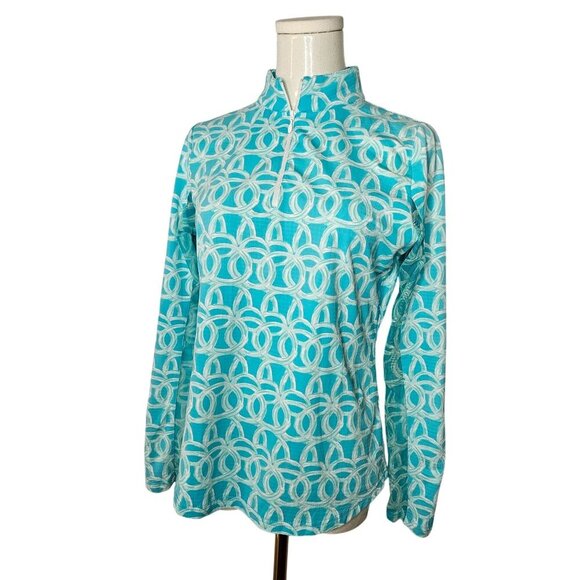 IBKUL Tops - IBKUL SHILOH Medium Blue Green Long Sleeve Zip Neck Golf Shirt UPF 50+
